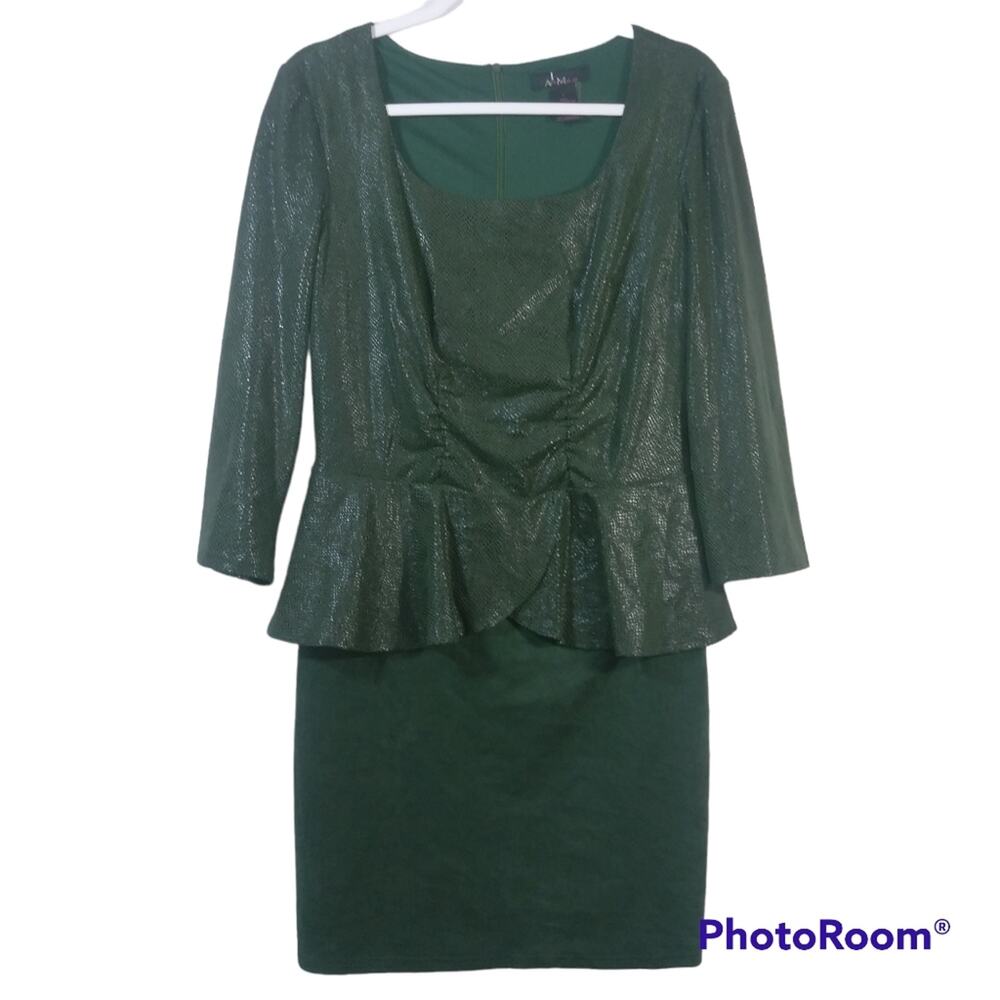 ALBERTO MAKALI Green Printed Peplum Long Sleeve Dress Size L
